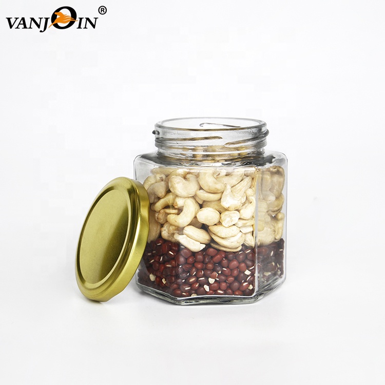 High Quality Hexagonal Glass Jars With Tin Lid Bottle Food Storage Lug Cap Packaging Containers