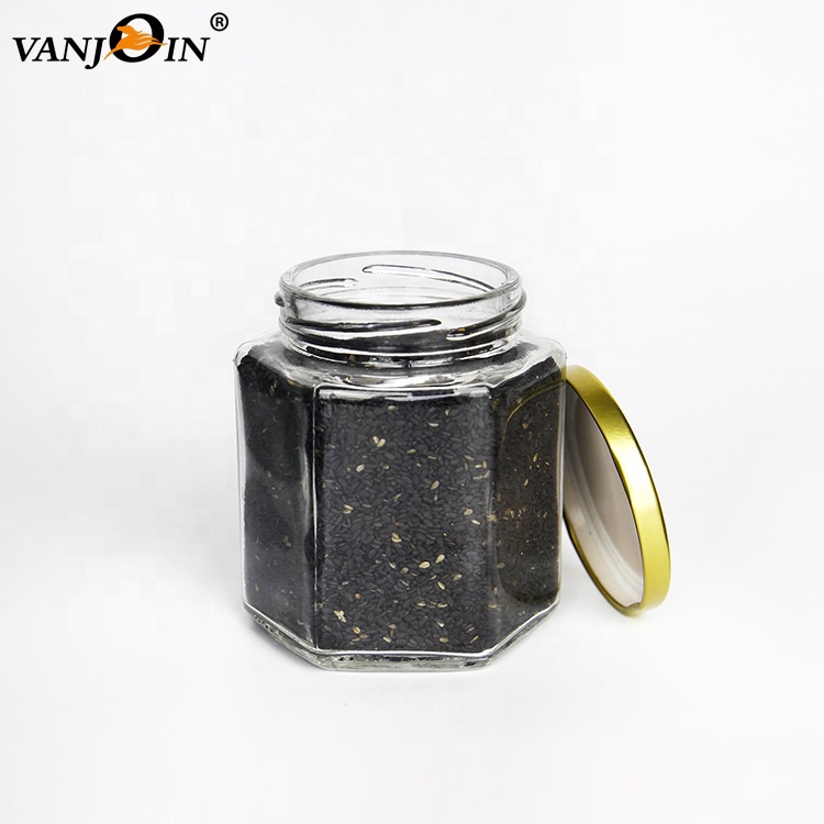 High Quality Hexagonal Glass Jars With Tin Lid Bottle Food Storage Lug Cap Packaging Containers