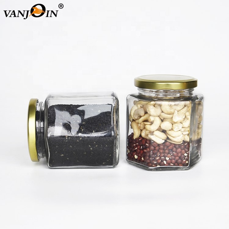 High Quality Hexagonal Glass Jars With Tin Lid Bottle Food Storage Lug Cap Packaging Containers