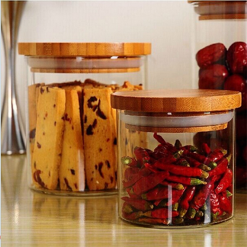 High Quality Home Food Storage Container Bottle Set Borosilicate Bamboo Lid Glass Cylinder Jar