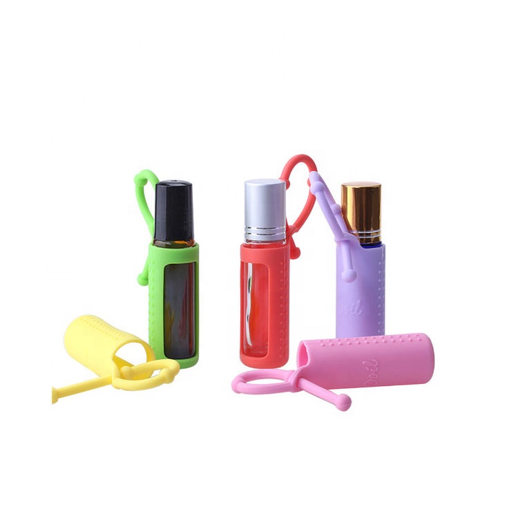 High Quality  Protective Silicon Holder Colorful 10ml Glass Roll On Bottle With Aluminium Lid