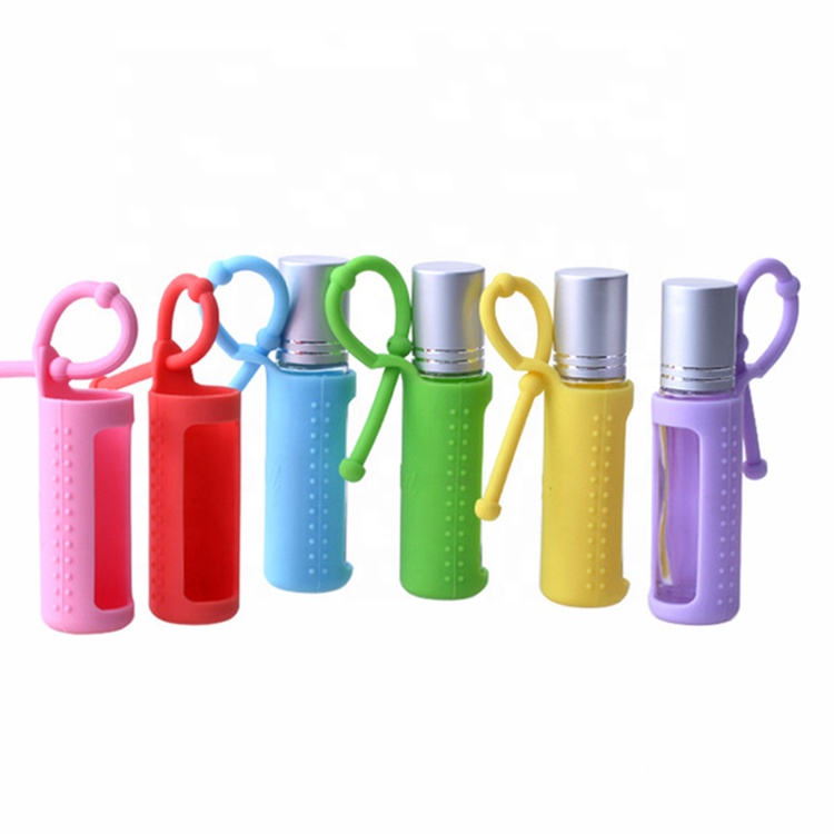 High Quality Protective Silicon Holder Colorful 10ml Glass Roll On Bottle With Aluminium Lid
