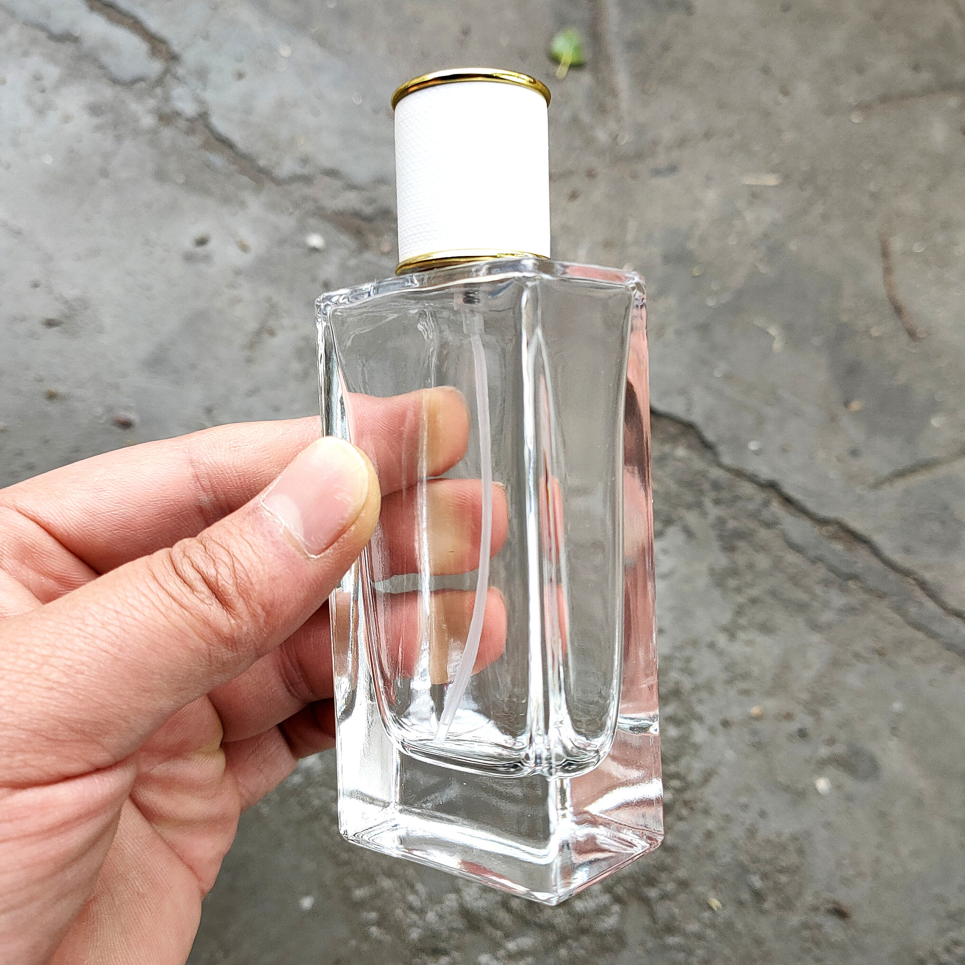 High Rectangle Clear 50ml Glass Spray Crimp Perfume Bottle with Aluminum Atomizer&Leather Lid