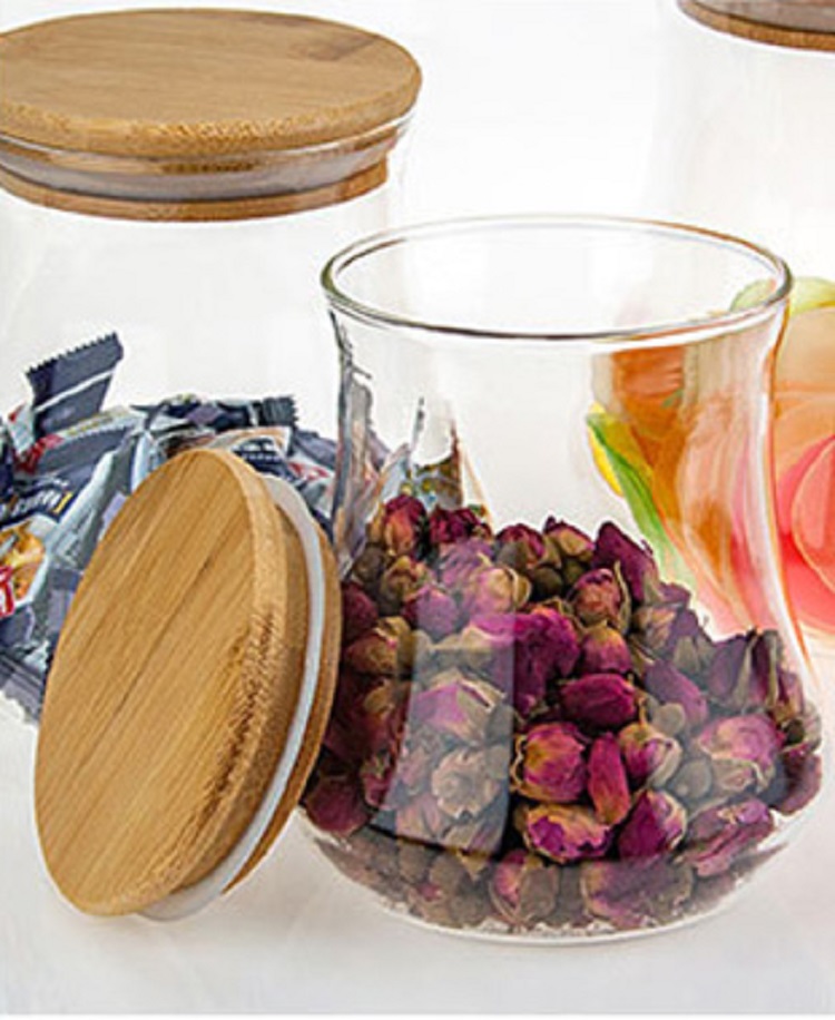 High Resistant Glass Storage Jar with Bamboo Lid for Snack, Coffee, Candy, Tea