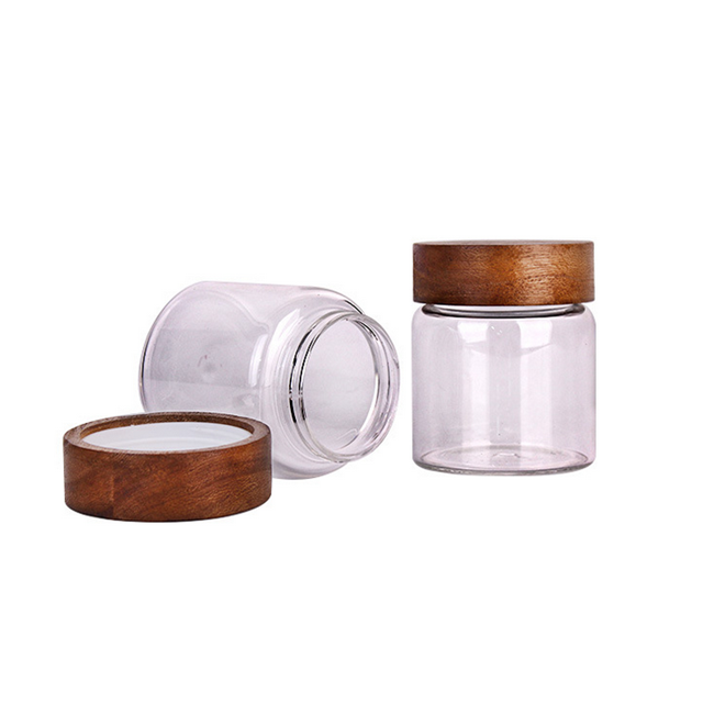 High borosilicate 310ml tea storage glass jar with wooden screw lid
