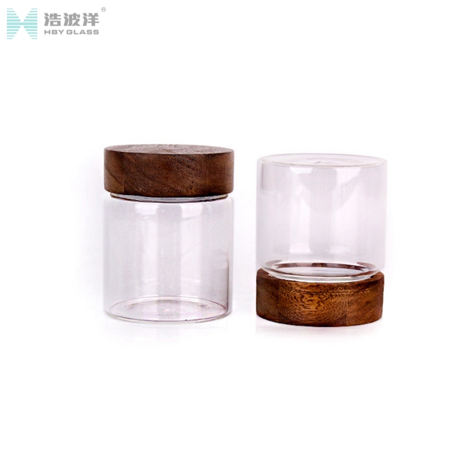 High borosilicate 310ml tea storage glass jar with wooden screw lid