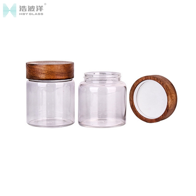 High borosilicate 310ml tea storage glass jar with wooden screw lid