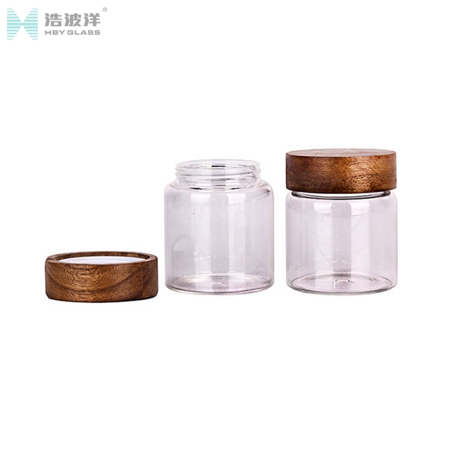 High borosilicate 310ml tea storage glass jar with wooden screw lid