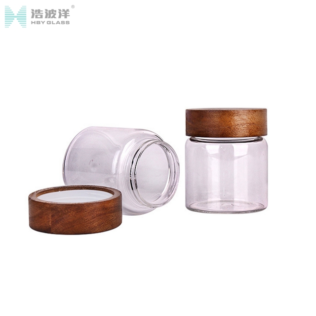 High borosilicate 310ml tea storage glass jar with wooden screw lid