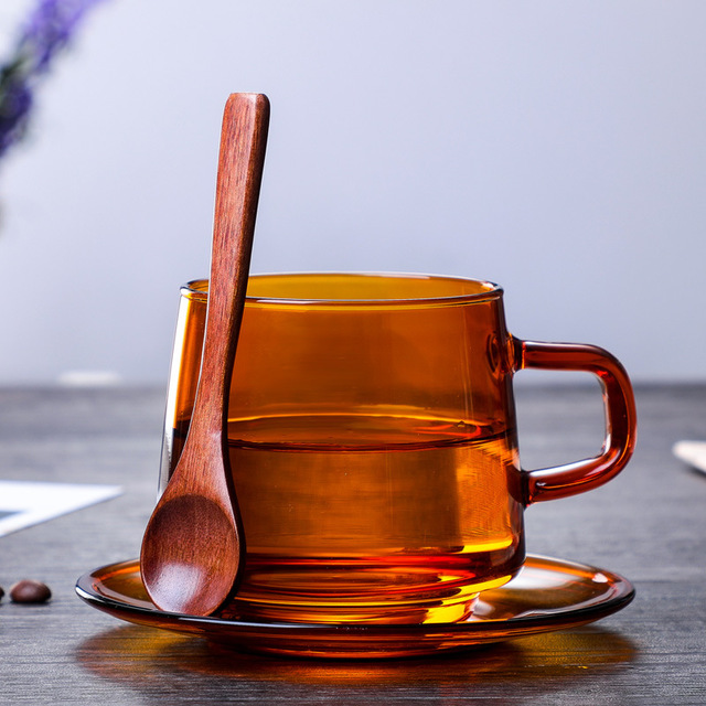 High borosilicate amber coffee glass with spoon and saucer