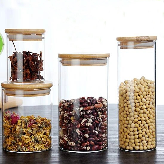 High borosilicate bamboo lids kitchen glass airtight container storage bottles glass jars