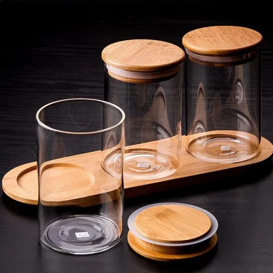 High borosilicate bamboo lids kitchen glass airtight container storage bottles glass jars