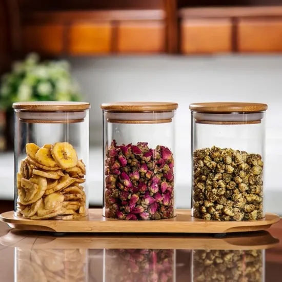 High borosilicate bamboo lids kitchen glass airtight container storage bottles glass jars