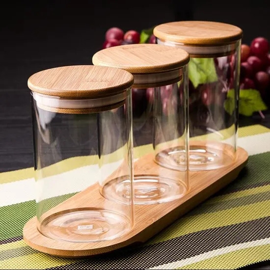 High borosilicate bamboo lids kitchen glass airtight container storage bottles glass jars