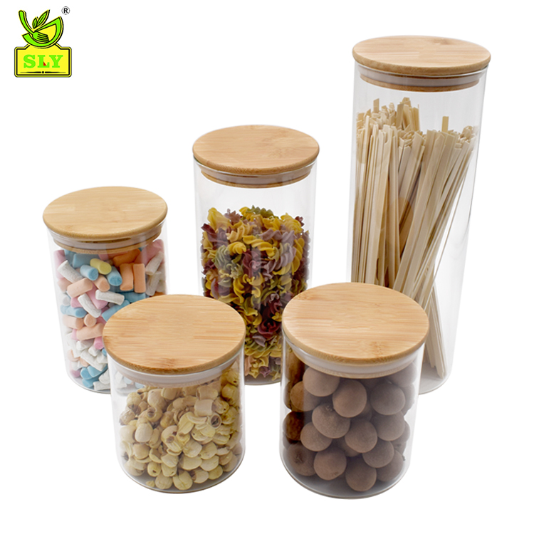 High borosilicate clear food storage container glass jars bamboo lid
