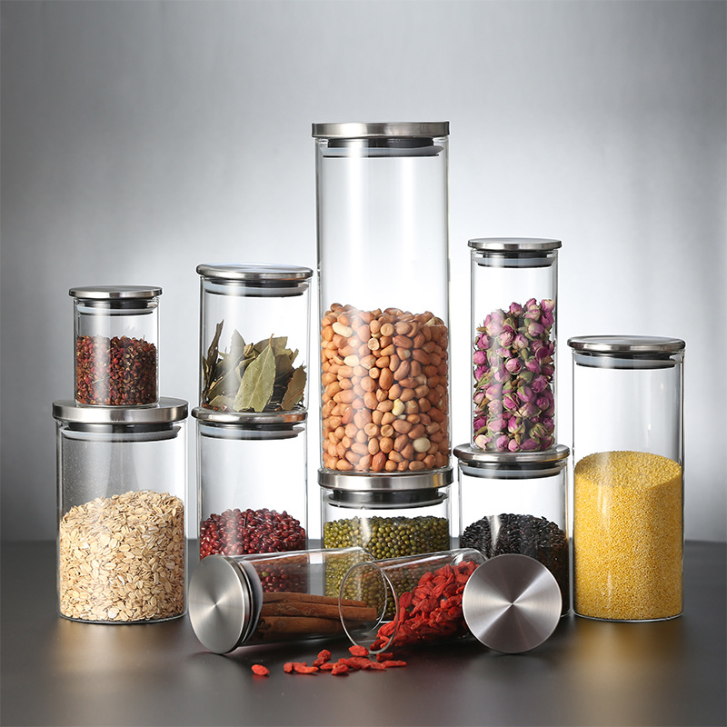 High borosilicate clear glass food storage container round wide mouth glass storage jar and bottle with stainless steel lids