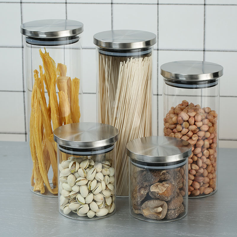 High borosilicate clear glass food storage container round wide mouth glass storage jar and bottle with stainless steel lids