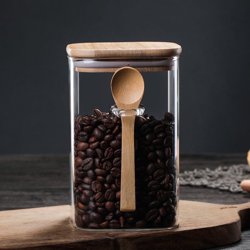 High borosilicate food small thing spice transparent clear glass storage jar set with wooden lid and bamboo spoon