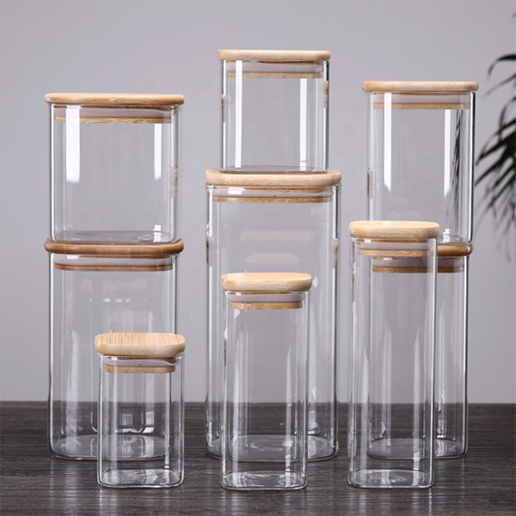 High borosilicate glass 200ml-1500ml food glass jars square with wood lids