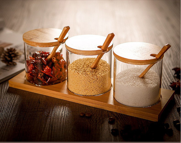 High borosilicate glass jars set storage container with bamboo lid cork lid wooden lids