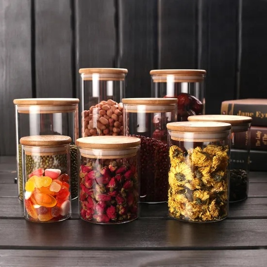 High borosilicate glass round storage jar with bamboo lid glass jars and containers