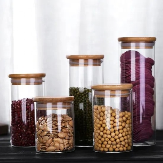High borosilicate glass round storage jar with bamboo lid glass jars and containers