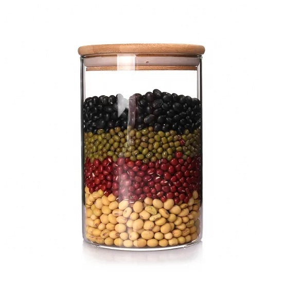 High borosilicate glass round storage jar with bamboo lid glass jars and containers