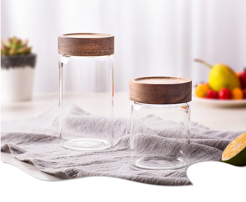 High borosilicate kitchen storage glass threaded acacia wood straight cylinder seal tank