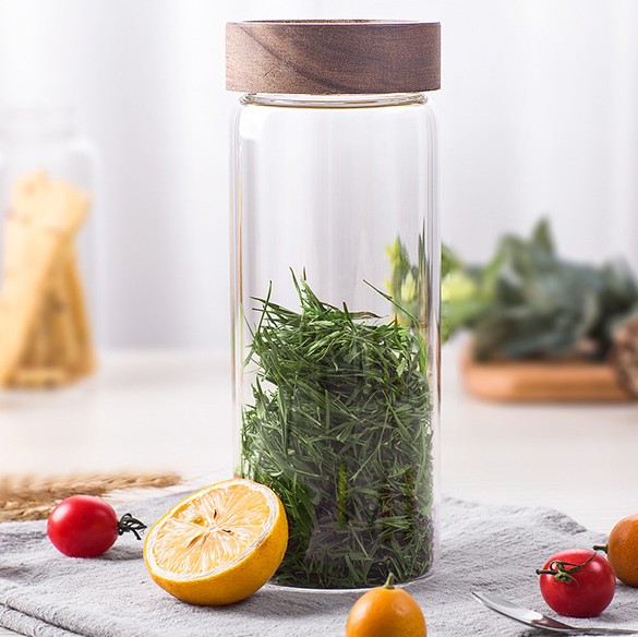 High borosilicate kitchen storage glass threaded acacia wood straight cylinder seal tank