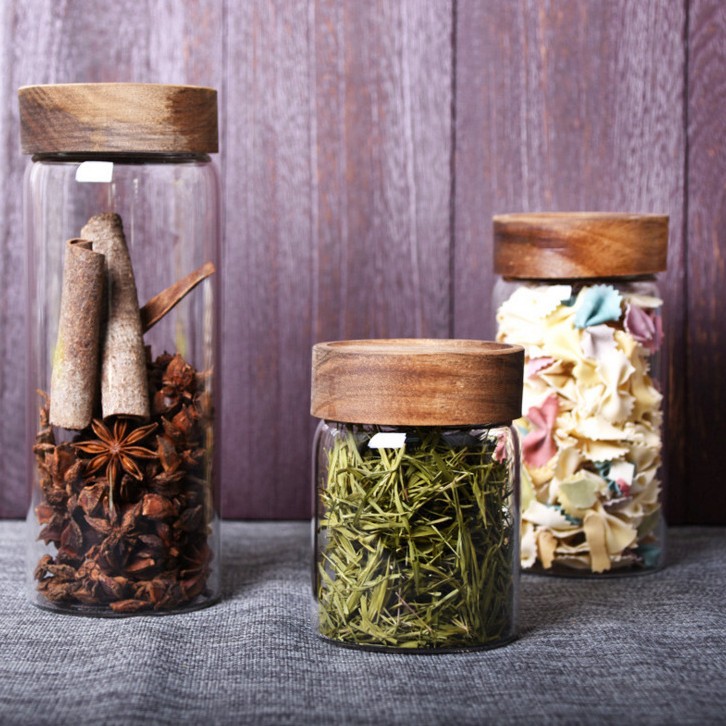 High borosilicate kitchen storage glass threaded acacia wood straight cylinder seal tank