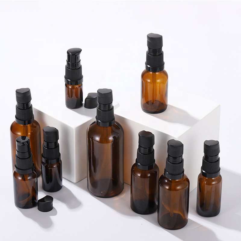 High class amber glass bottle black plastic pump lotion bottle 30ml 50ml 100ml guangzhou factory sale