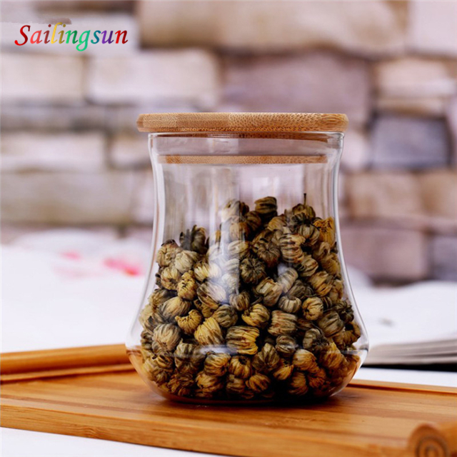 High clear classica design handcraft bamboo lid pyrex glass coffee herb jar