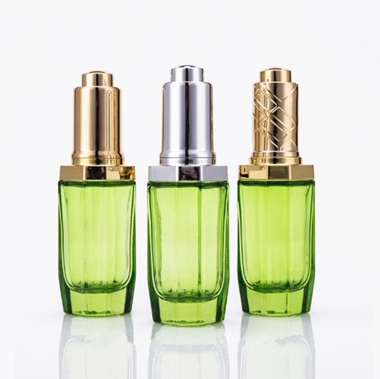 High-end 1 oz Clear Octagonal glass dropper bottle with golden/silver button pump for essence serum with pipette 30 ml
