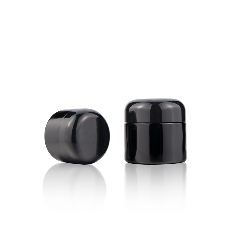 High end 20g 30g 50g glossy black glass cream jar with black metal lid
