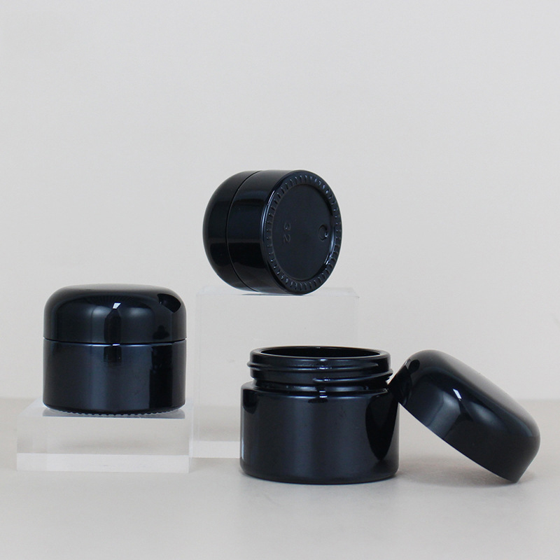 High end 20g 30g 50g glossy black glass cream jar with black metal lid