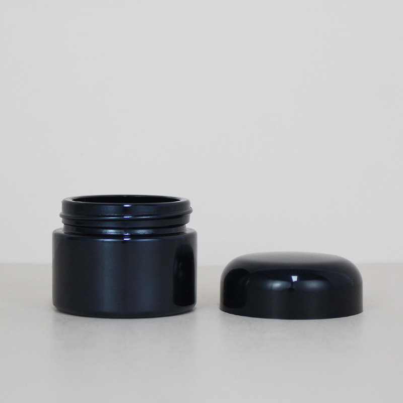 High end 20g 30g 50g glossy black glass cream jar with black metal lid