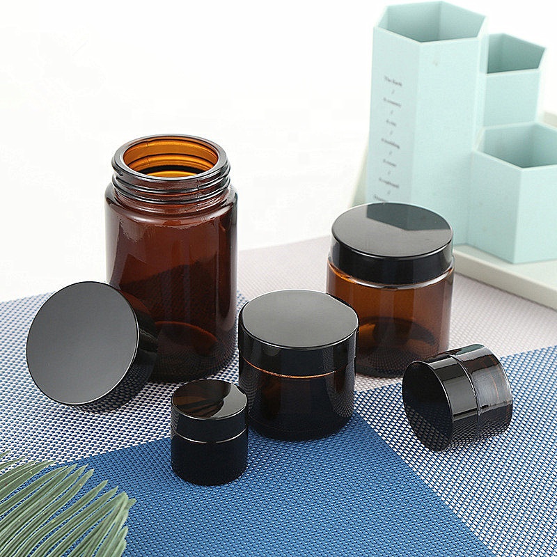 High end 20ml 30ml 50ml wide mouth amber skin care cream packaging cosmetic glass jar 8 oz with golden cap