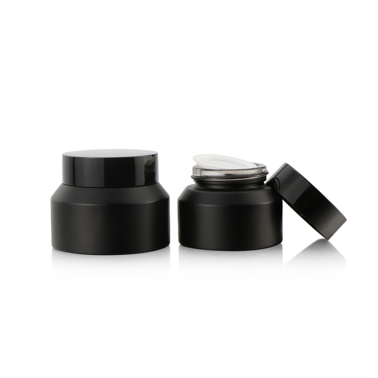 High end 30 ml 50 ml 100 ml 1oz cream jar sloping shoulder matte black glass cosmetic jar with black plastic lid