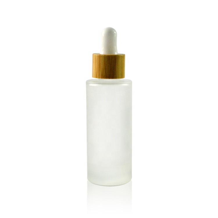 High end Essential oil 30ml 50ml 100ml 150ml Flat shoulder frosted clear glass  bottle with bamboo wooden top cap 1oz