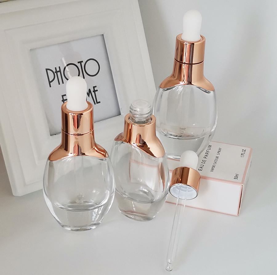 High-end Glass Bottle 30ml Thick Clear Glass Bottle with Gold Dropper for Essential Oils