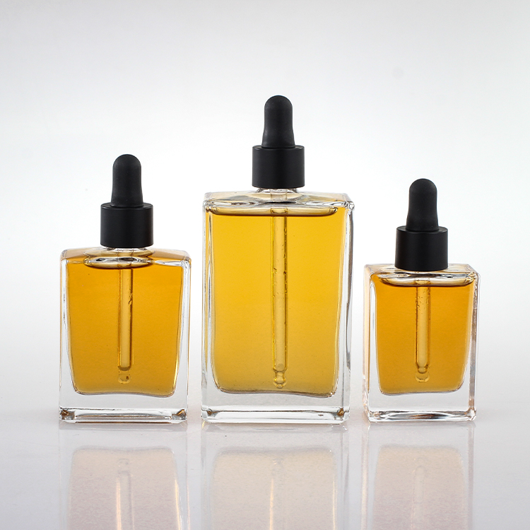 High-end Square Clear Glass Dropper Bottle 30ml 50ml 100ml Rectangle Glass Dropper Bottles With Black Cap For Essential Oil