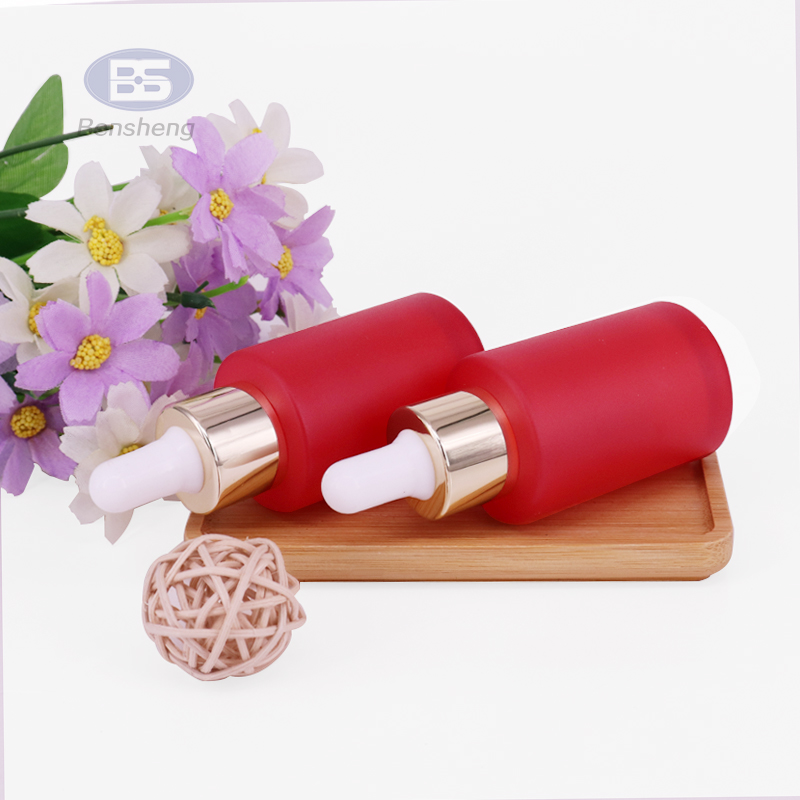 High end cosmetic Face Serum Essence Oil packaging empty flat shoulder red glass bottle 30 ml
