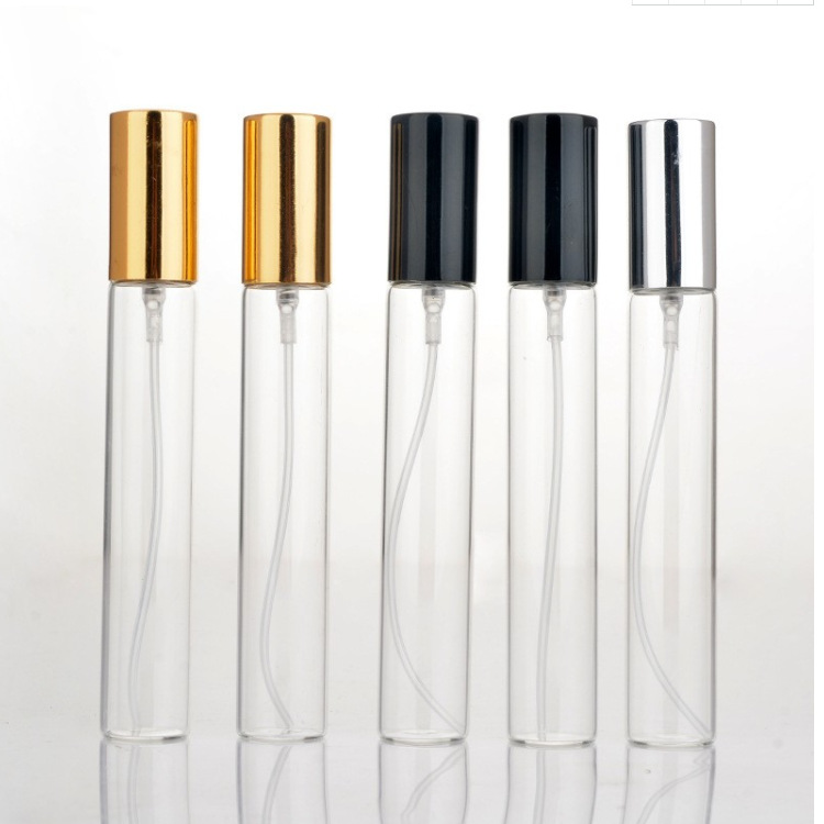 High-end custom 10ml clear glass cosmetic sample sub bottle  Round tube fragrance bottle with spray cover