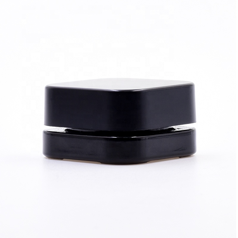 High-end elegant 10 ml black square lovely straight side eye cream cosmetic packing glass jar with plastic child proof lid.