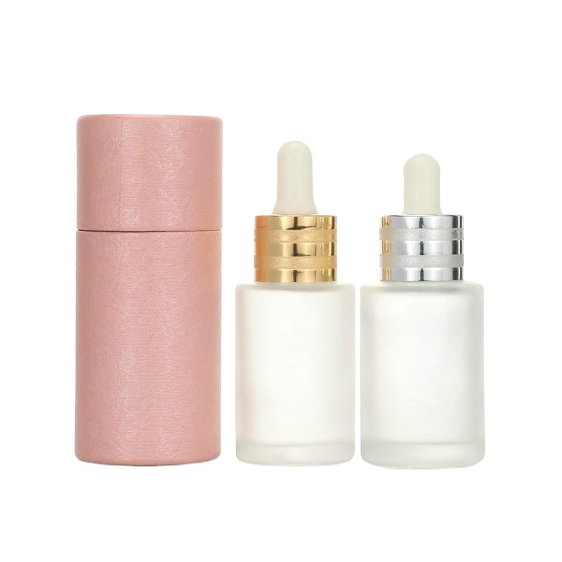 High end frosted clear 1oz 20ml 30ml 50ml 100ml glass flat shoulder glass essential oil cosmetic serum bottle with paper box