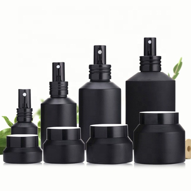 High end frosted matte black cosmetic glass bottle jar for lotion serum cream full set