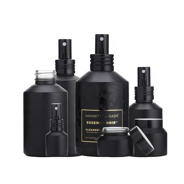 High end frosted matte black cosmetic glass bottle jar for lotion serum cream full set