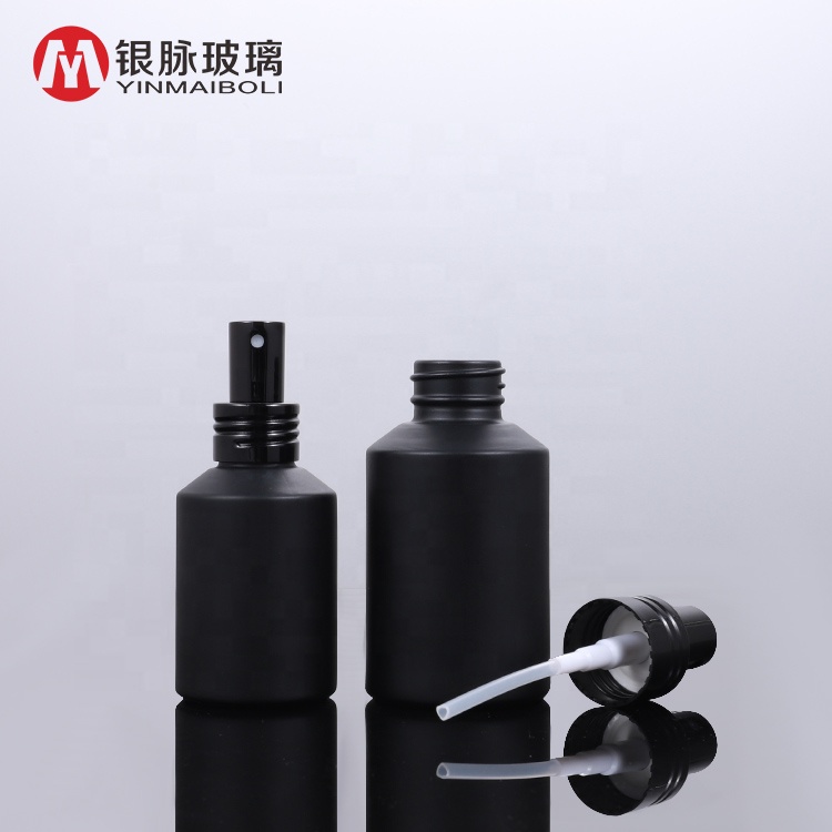 High end frosted matte black oblique shoulder glass bottles with pump spray lid