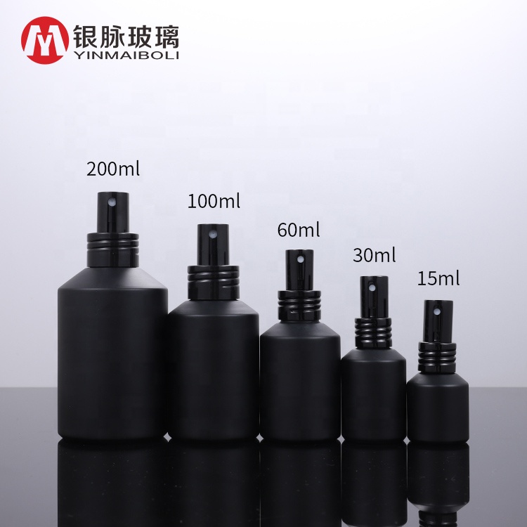 High end frosted matte black oblique shoulder glass bottles with pump spray lid