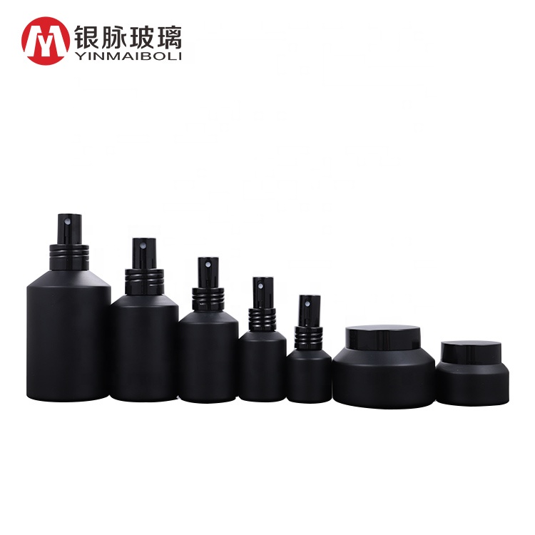 High end frosted matte black oblique shoulder glass bottles with pump spray lid